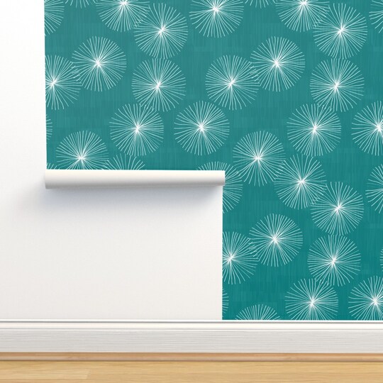 Mid Century Mod Circle Snowflake Minimalist Geo Dandelion White Blue Christmas Custom Pre-pasted Wallpaper by Spoonflower Pre-Pasted Wallpaper 2FT Wide